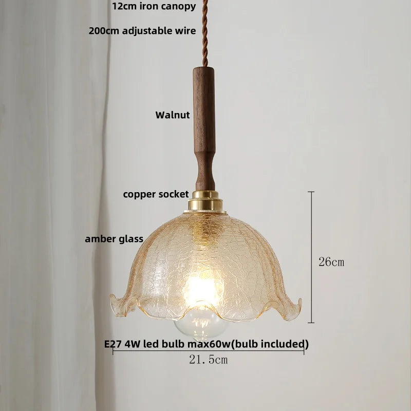 Helnys Amber Glass LED Pendant Lamp with Walnut Wood Accent