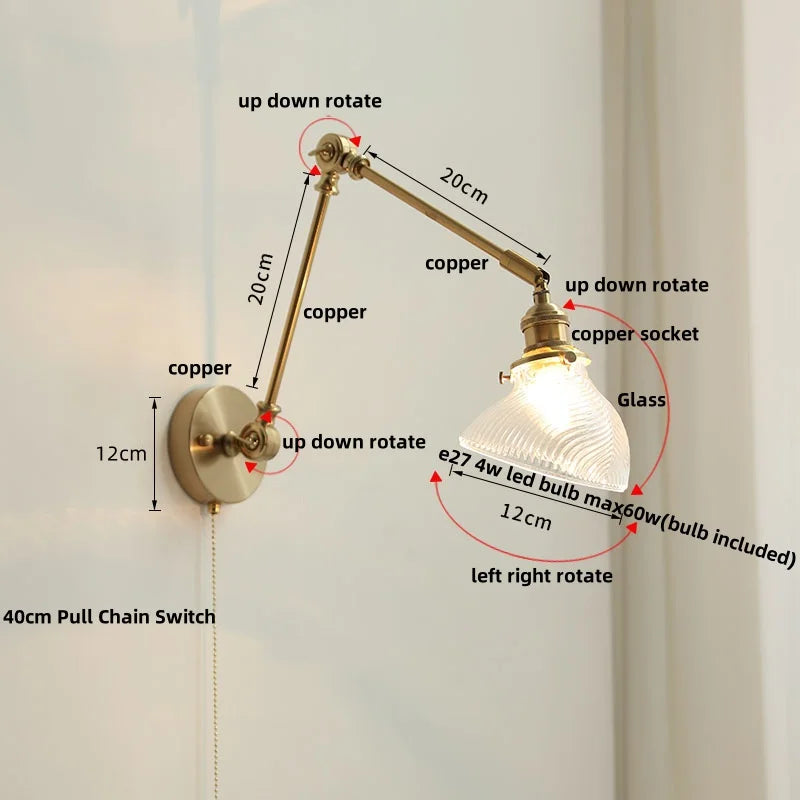 Helnys Brass Swing Arms LED Wall Light, Modern Nordic Clear Glass Bedside Lamp