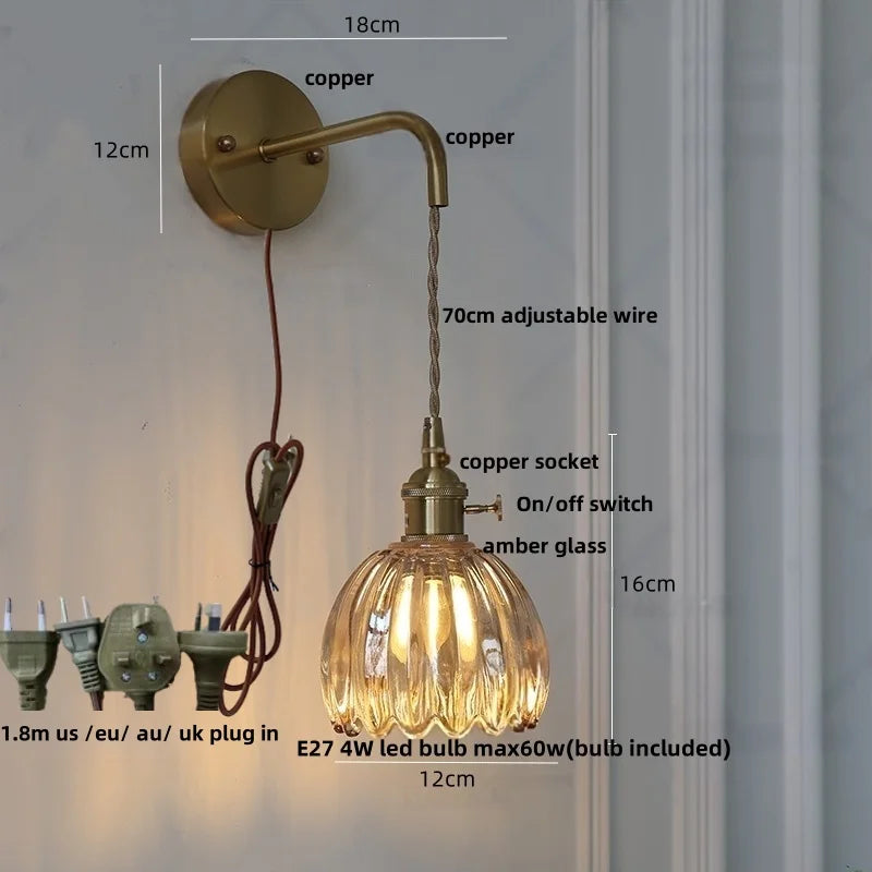 Helnys Smoke Gray Glass LED Wall Light with Pull Chain Switch - Minimalist Design