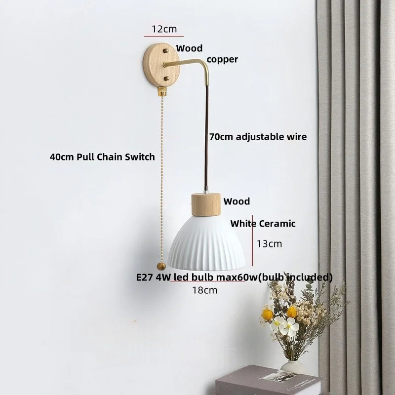 Helnys Modern Ceramic Wood Wall Sconce with LED Light and Pull Chain Switch