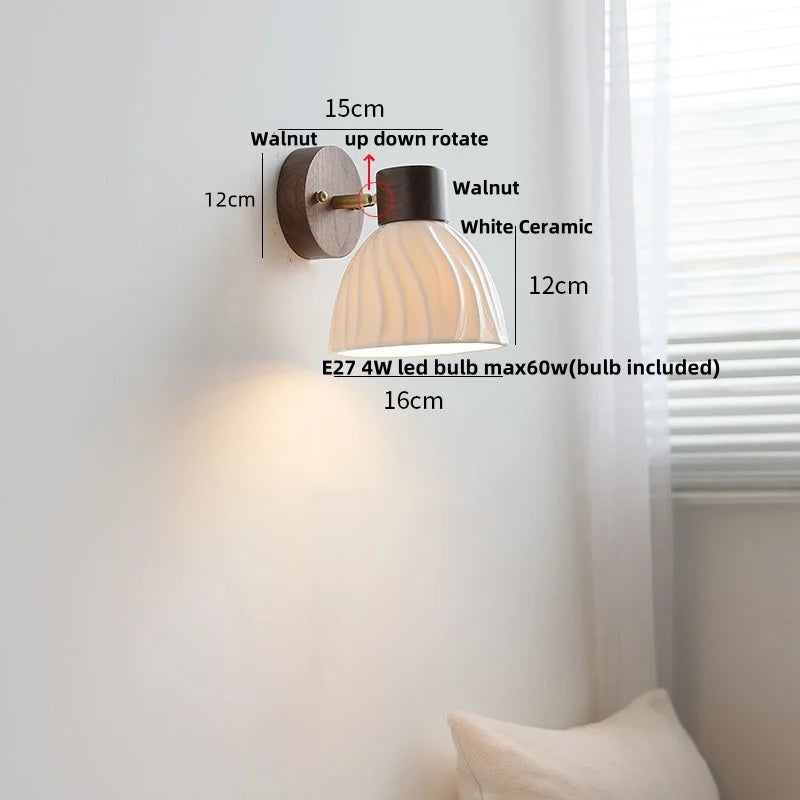Helnys Modern LED Wall Light Fixture White Ceramic Walnut Wood Bedside Lamp