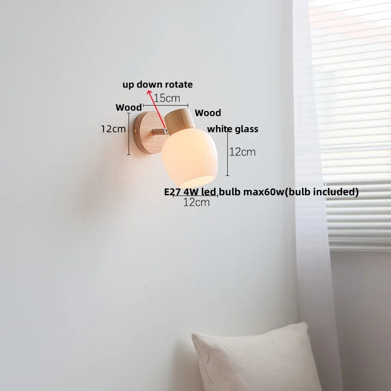 Helnys Amber Glass LED Wall Sconce Wood Pull Chain Switch Stair Light