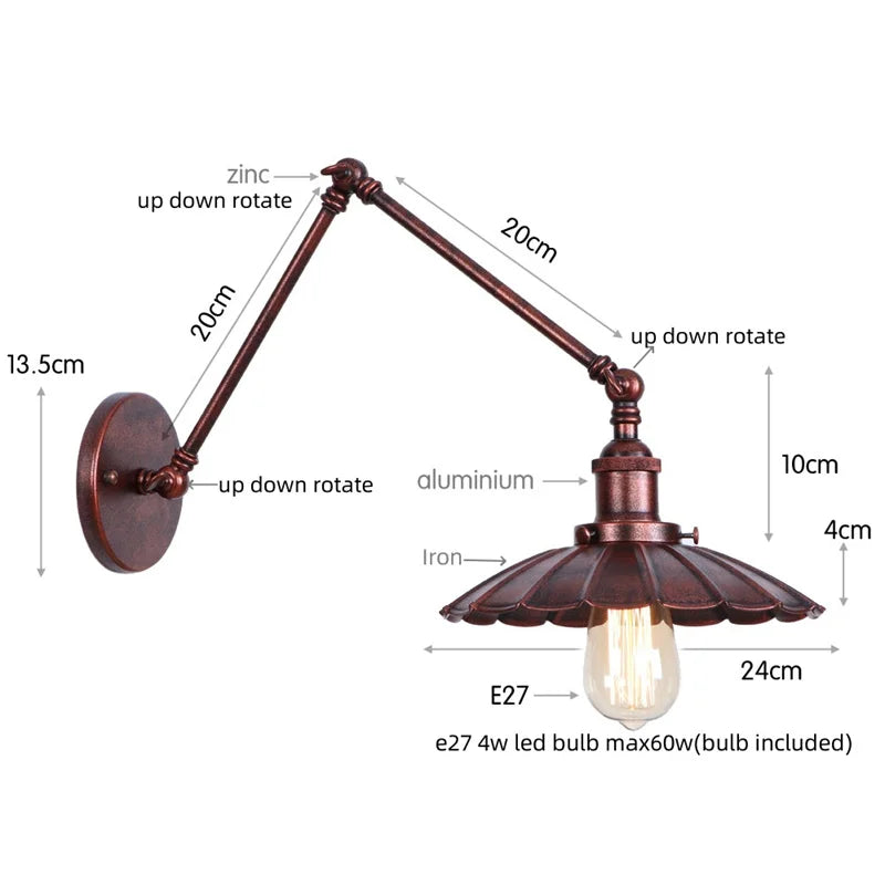 Helnys Industrial Rustic LED Wall Sconce - Long Arm Vintage Iron Stair Light