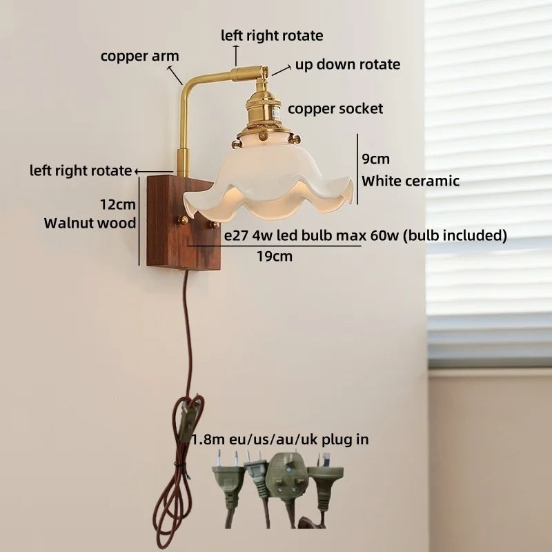 Helnys Ceramic Flower Design LED Wall Lamp for Bedroom and Bathroom