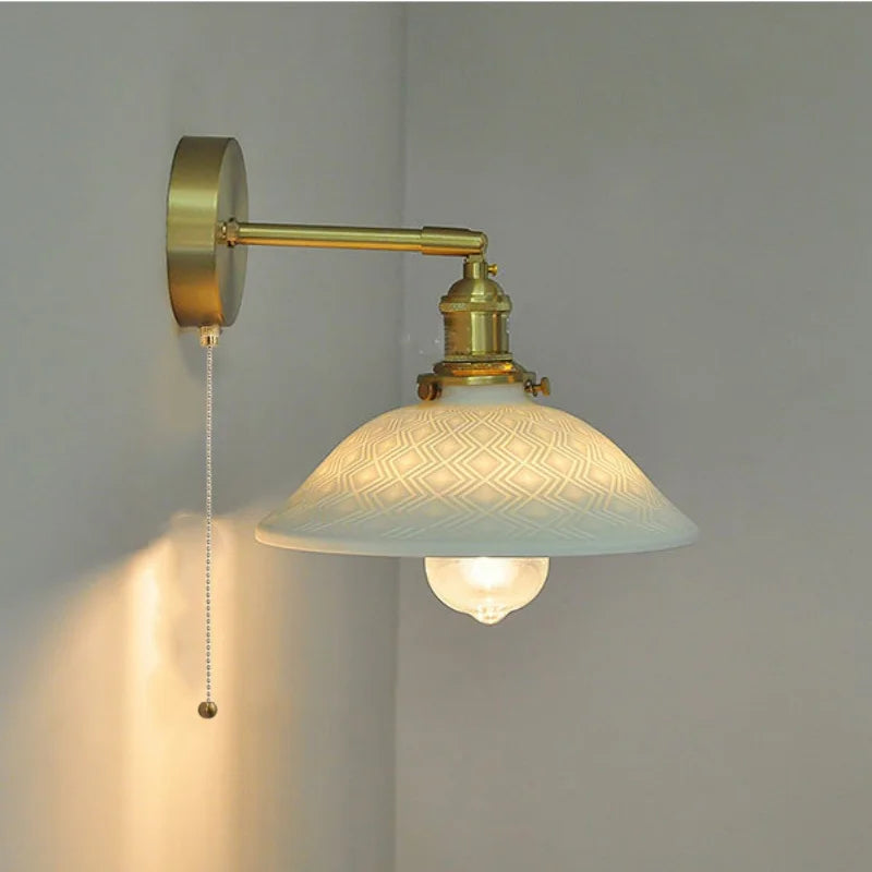 Helnys Nordic LED Wall Light Brass Bedside Lamp Chrome Pull Chain Switch