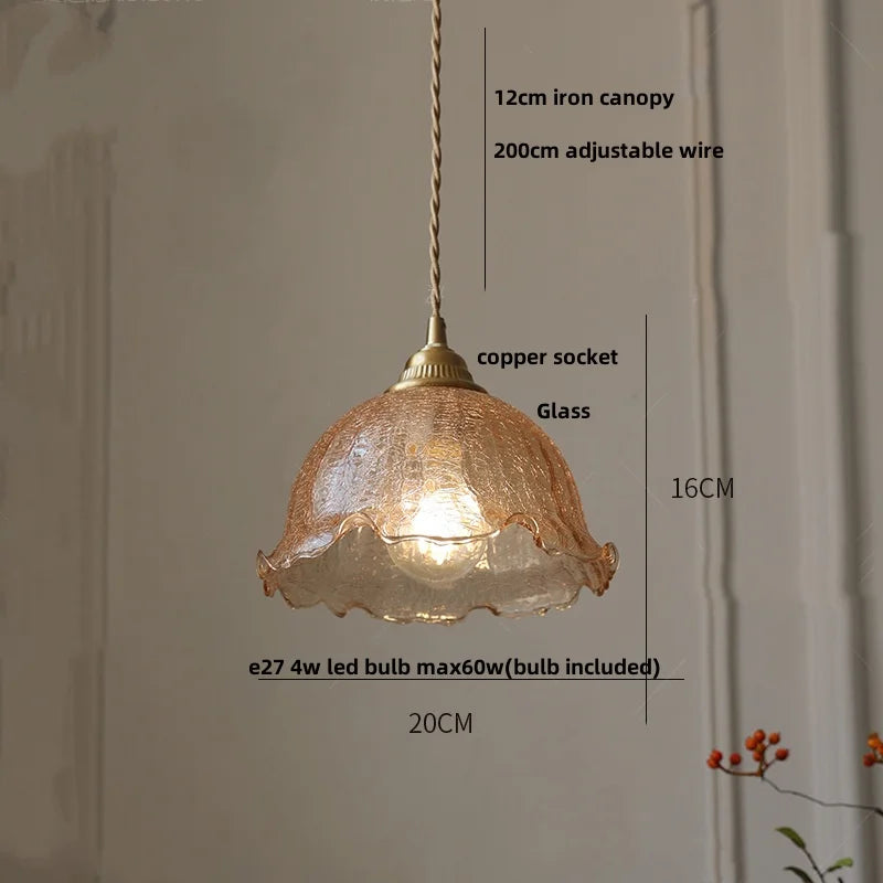 Helnys Amber Glass LED Pendant Lamp Nordic Modern Walnut Wood Copper Hanging Light