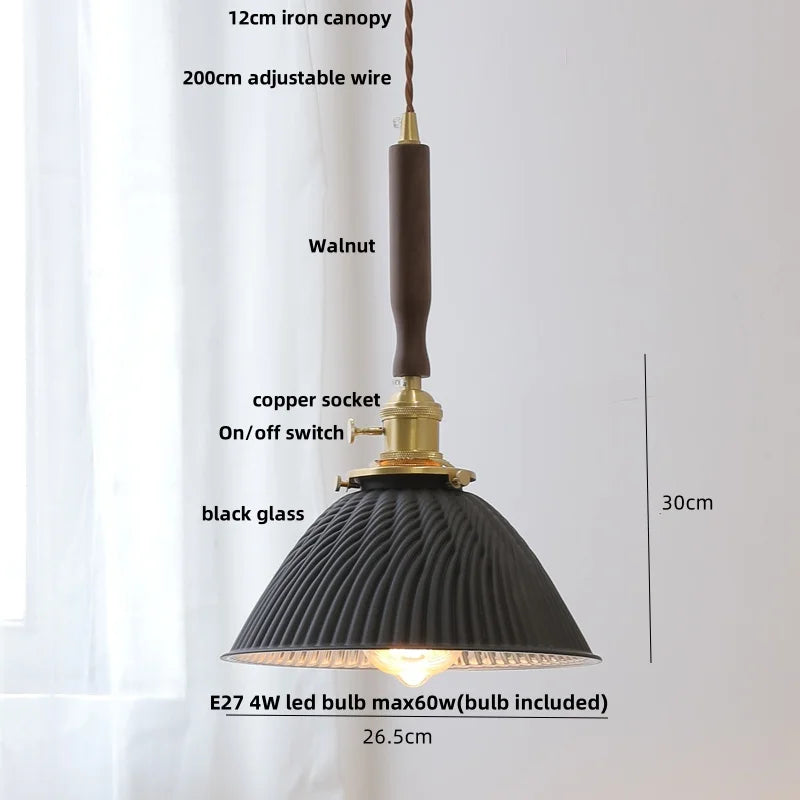 Helnys Amber Glass LED Pendant Lamp with Walnut Wood Accent
