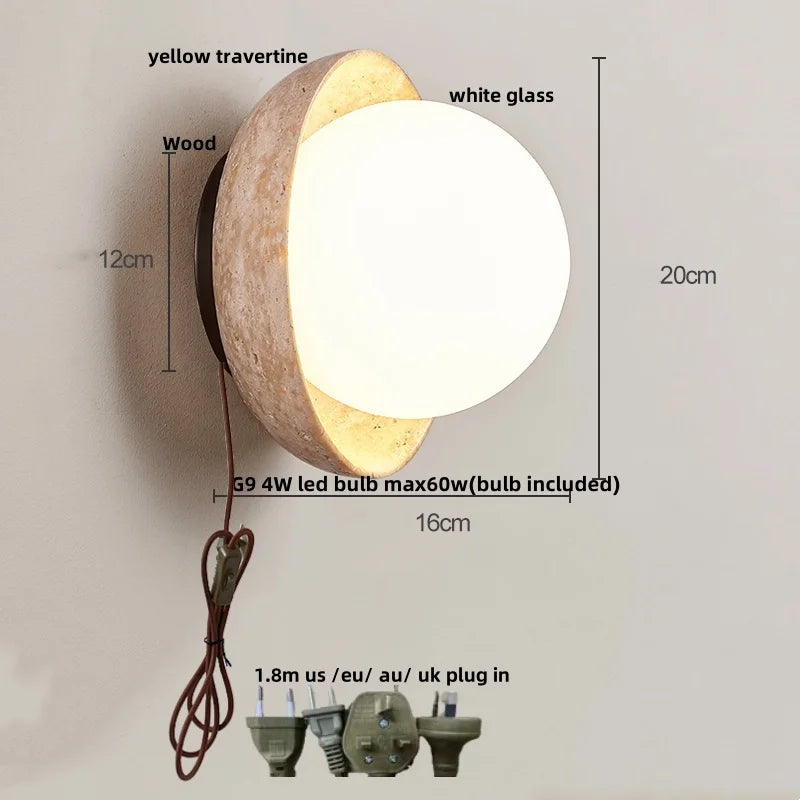 Helnys LED Wall Light with Wood Base, Natrual Yellow Travertine, Nordic Modern Design