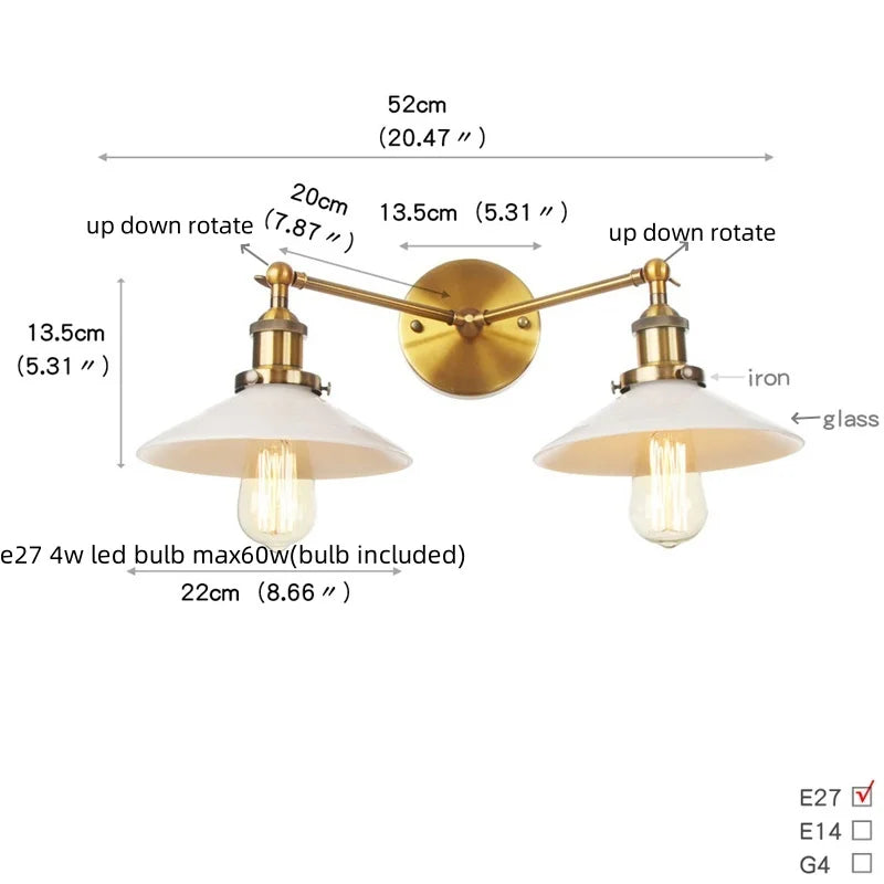 Helnys 2-Head LED Wall Sconce with Pull Chain Switch for Home, Coffee Bar, Bathrooms