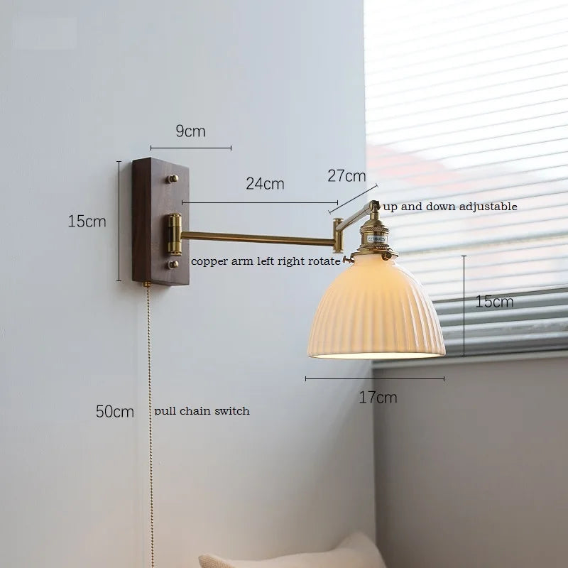 Helnys Ash Wood Canopy LED Wall Sconce Pull Chain Switch Rotate Bedroom Lamp