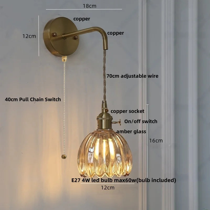 Helnys Smoke Gray Glass LED Wall Light with Pull Chain Switch - Minimalist Design