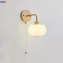 Helnys Nordic Wood Canopy LED Wall Light Fixture with Pull Chain Switch for Bedroom