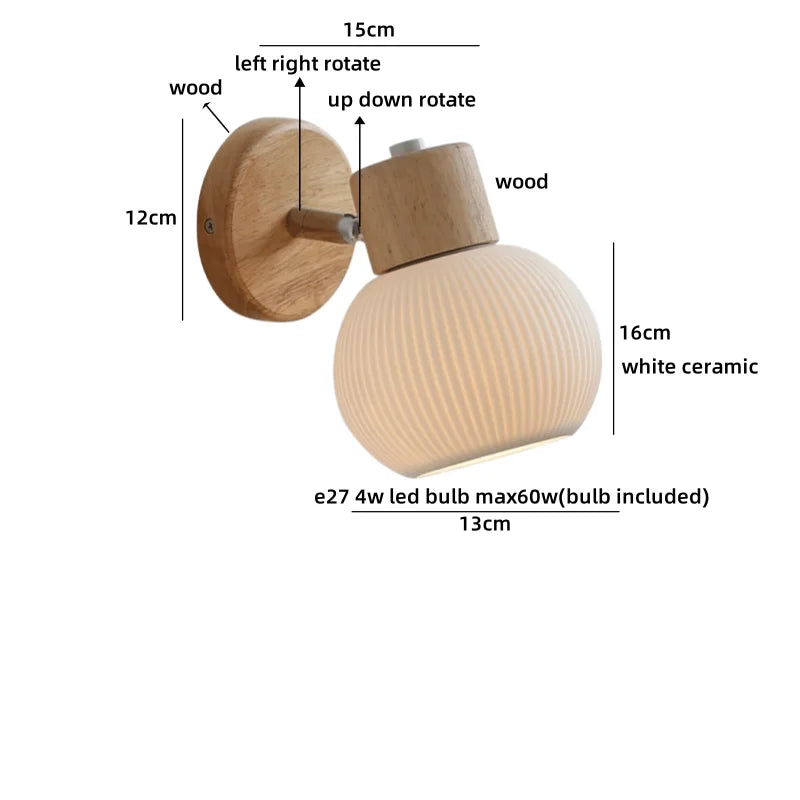Helnys LED Wood Wall Lamp White Ceramic Japanese Style Mirror Light