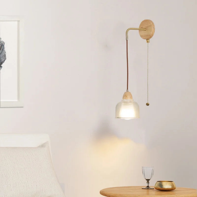 Helnys Wood Glass LED Wall Light Fixture with Pull Chain Switch