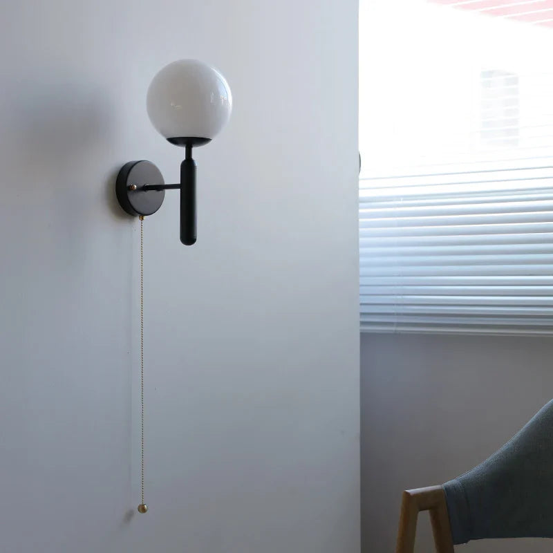 Helnys Modern Black Iron LED Wall Light with Pull Chain Switch & White Glass Shade