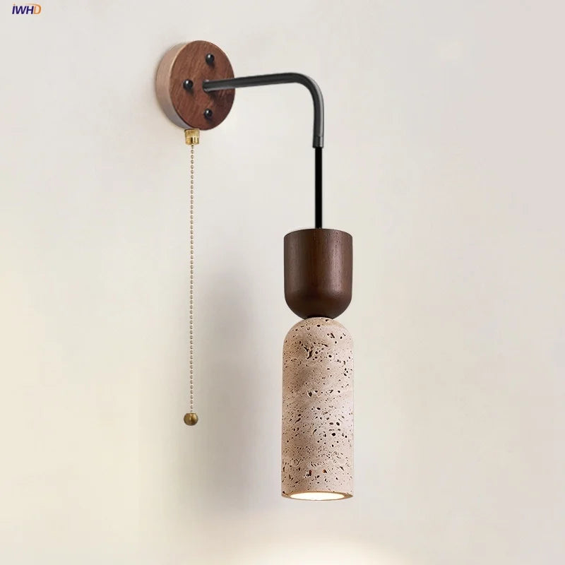 Helnys Adjustable LED Wall Lamp Pull Chain Switch Wood Nordic Modern Yellow Travertine