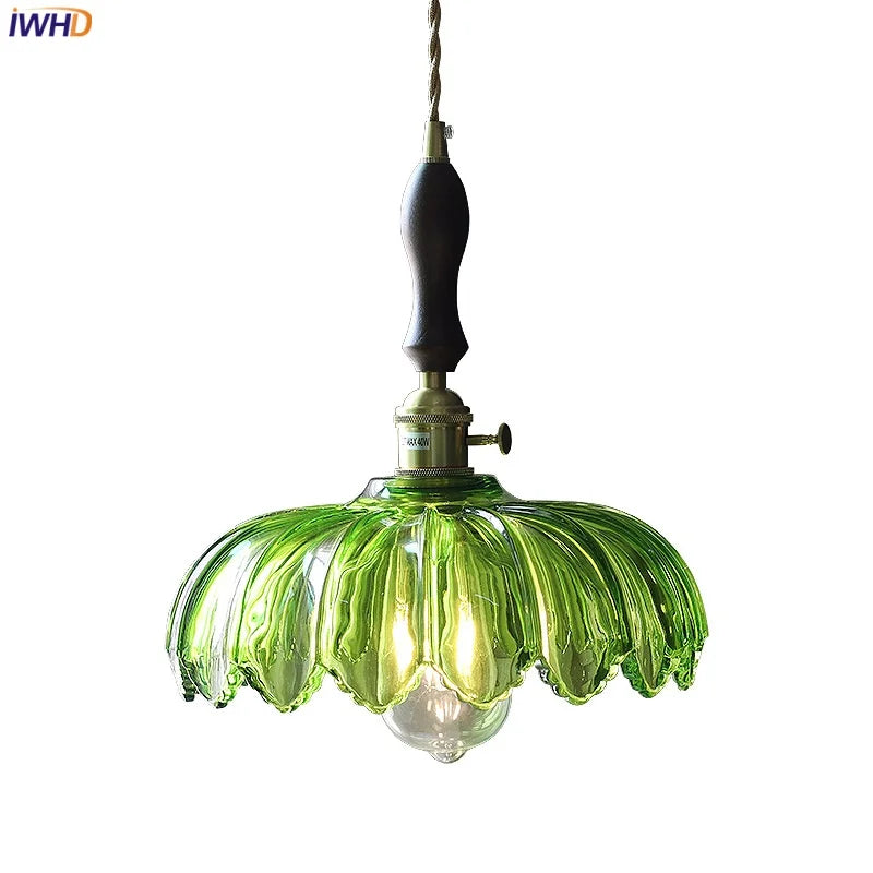 Helnys Walnut Wood LED Glass Pendant Light Fixture Adjustable Modern Hanging Lamp