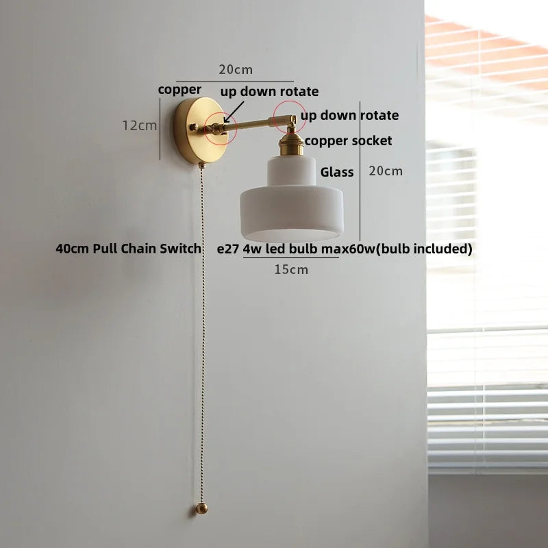 Helnys Green Loft LED Wall Light Fixture Glass Rotate Vintage Pull Chain Switch