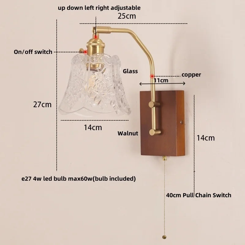 Helnys LED Glass & Wood Wall Lamp with Pull Chain Switch for Living Room