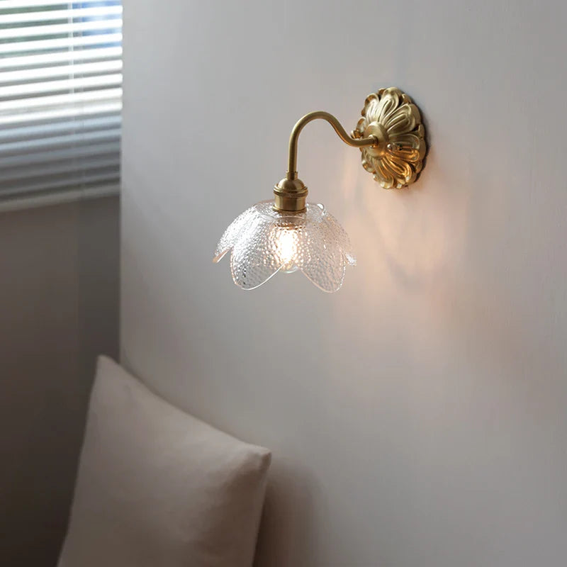 Helnys Glass Brass LED Wall Light with Clear Flower Shade