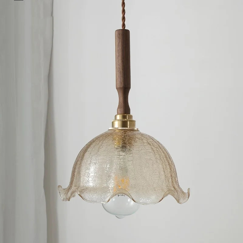 Helnys Amber Glass LED Pendant Lamp with Walnut Wood Accent