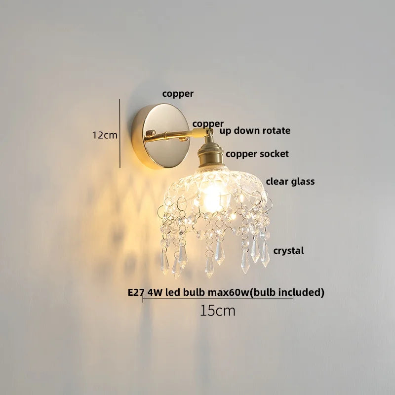 Helnys Clear Glass LED Wall Lamp Pull Chain Switch Rotatable Crystal Light