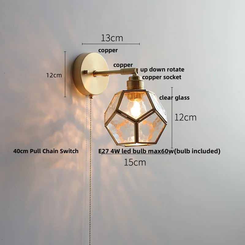 Helnys Square Glass LED Wall Lights Pull Chain Switch Tiffany Style Wandlamp