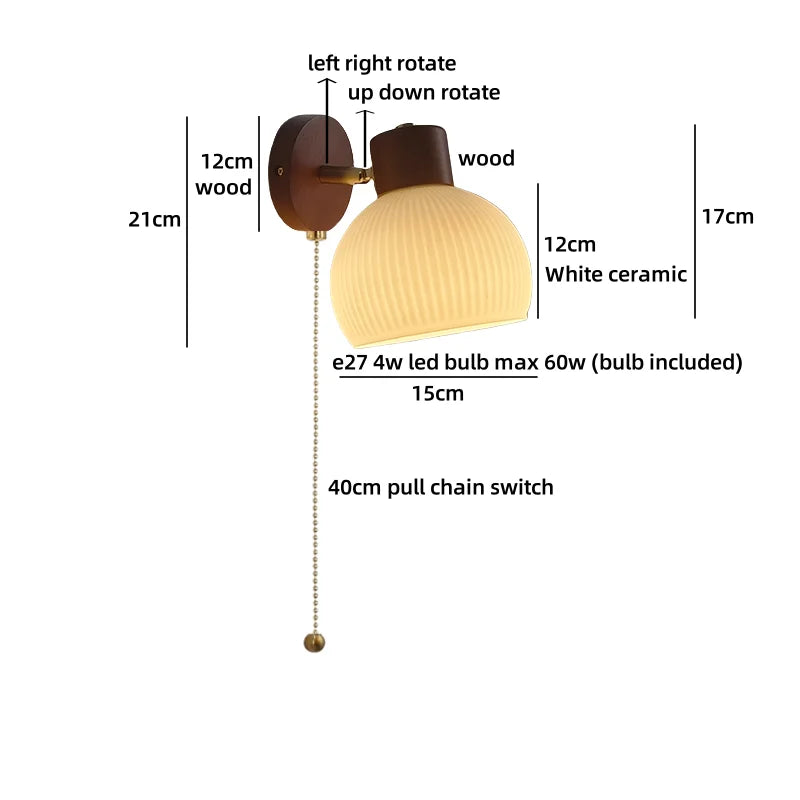 Helnys Japanese Style LED Wall Light Fixture Ceramic Wood Bedside Lamp