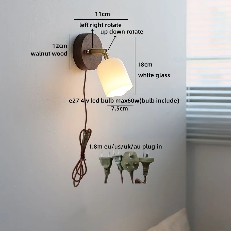 Helnys Nordic LED Wall Sconce White Glass Walnut Wood Stair Light