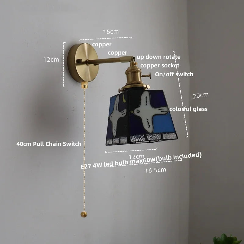 Helnys Tiffany Style LED Wall Sconce with Pull Chain Switch Glass Stair Light