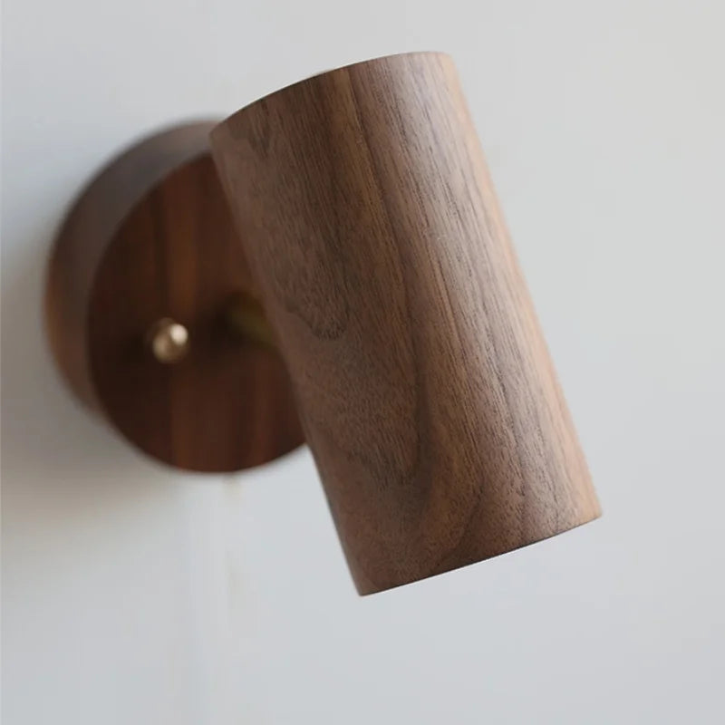 Helnys Nordic LED Wall Lamp Walnut Finish Pull Chain Switch Rotating Light