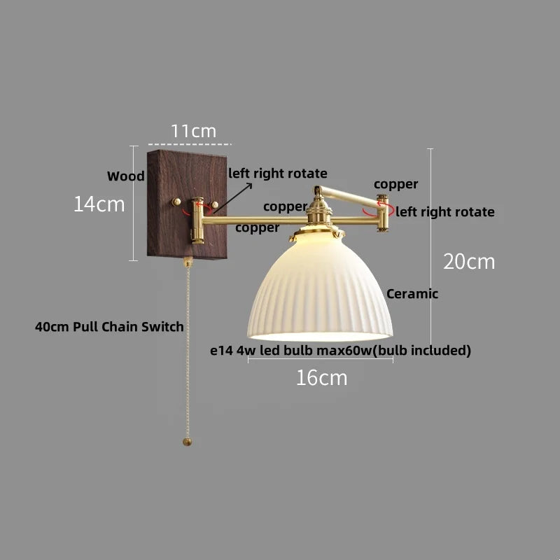 Helnys Wood Swing Arm LED Wall Light Rotatable Bedside Lamp