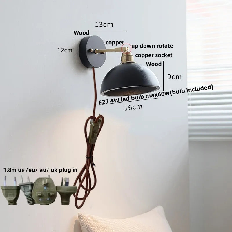 Helnys Black Wood LED Wall Light with Pull Chain Switch