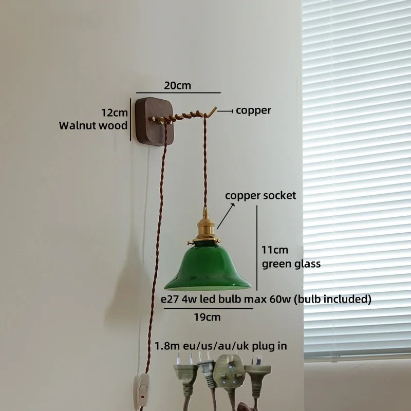 Helnys Vintage Industrial LED Wall Light with Green Glass and Wood