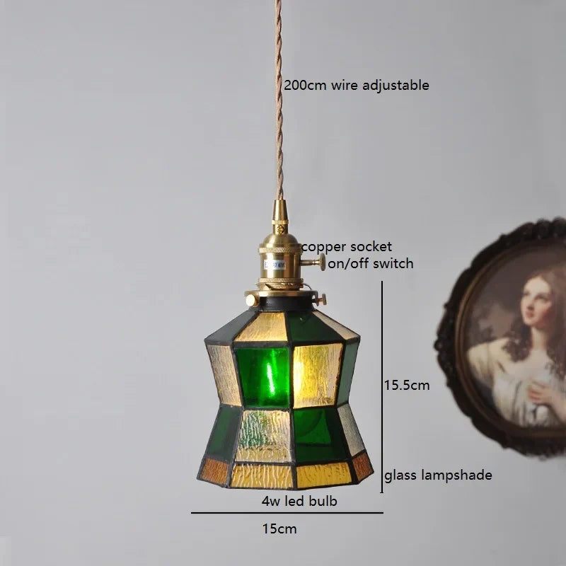 Helnys Vintage Europe Style LED Pendant Light with Wood, Copper, Glass Lampshade
