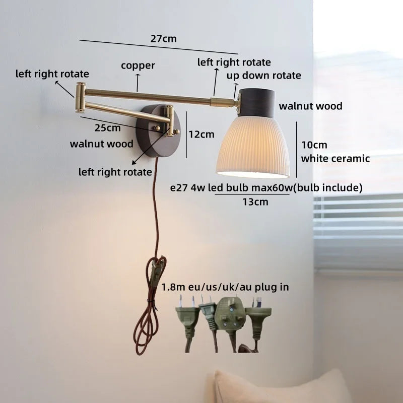 Helnys Swing Copper Arm LED Wall Lamp in White Ceramic