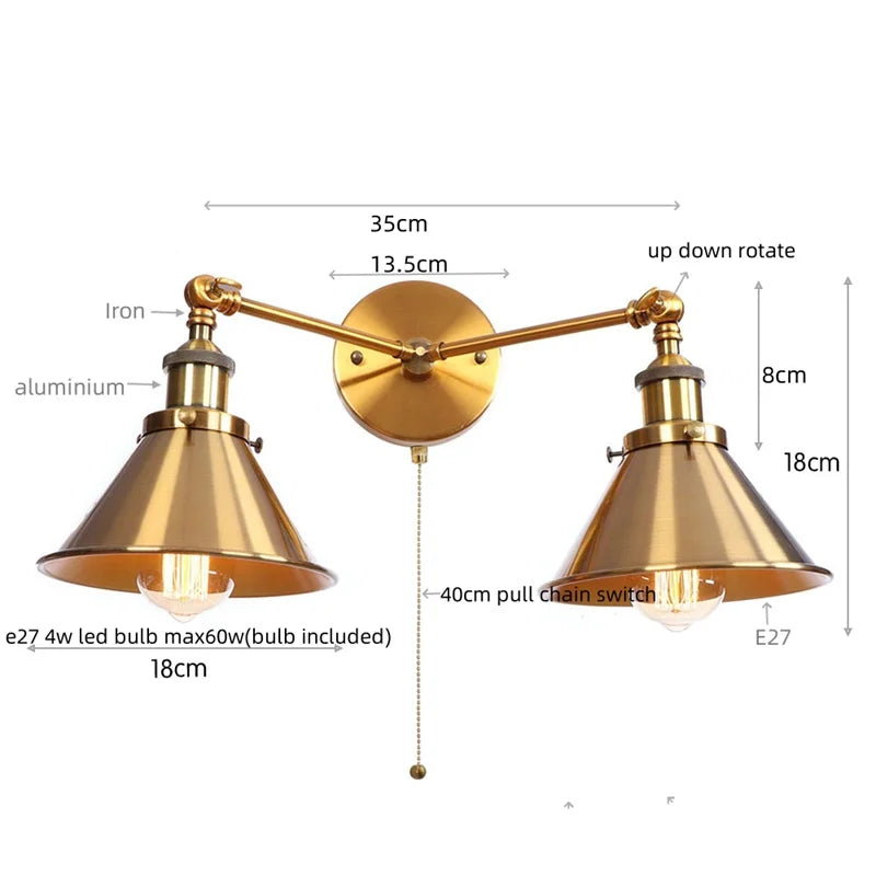 Helnys Industrial Vintage 2-Head LED Wall Light Gold Iron Loft Lamparas De Pared