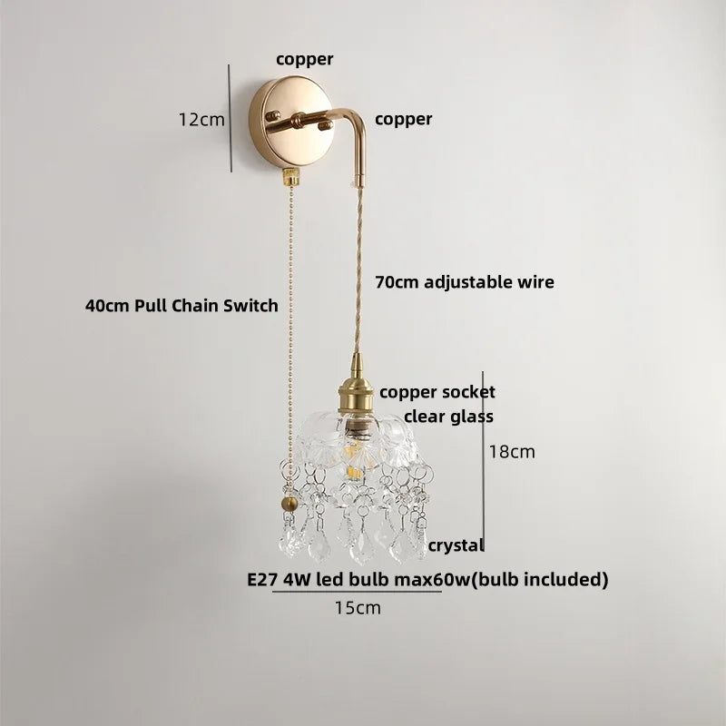 Helnys Clear Glass Wire LED Wall Lights Adjustable Bedside Lamp