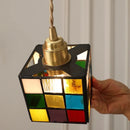 Helnys Colorful Glass Cube LED Pendant Lamp in Walnut Wood for Restaurant & Bedroom