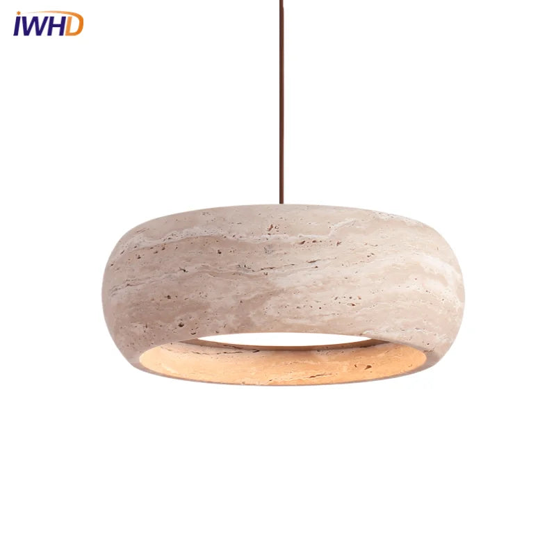 Helnys Yellow Travertine Round LED Pendant Lamp for Cafe Study Living Room