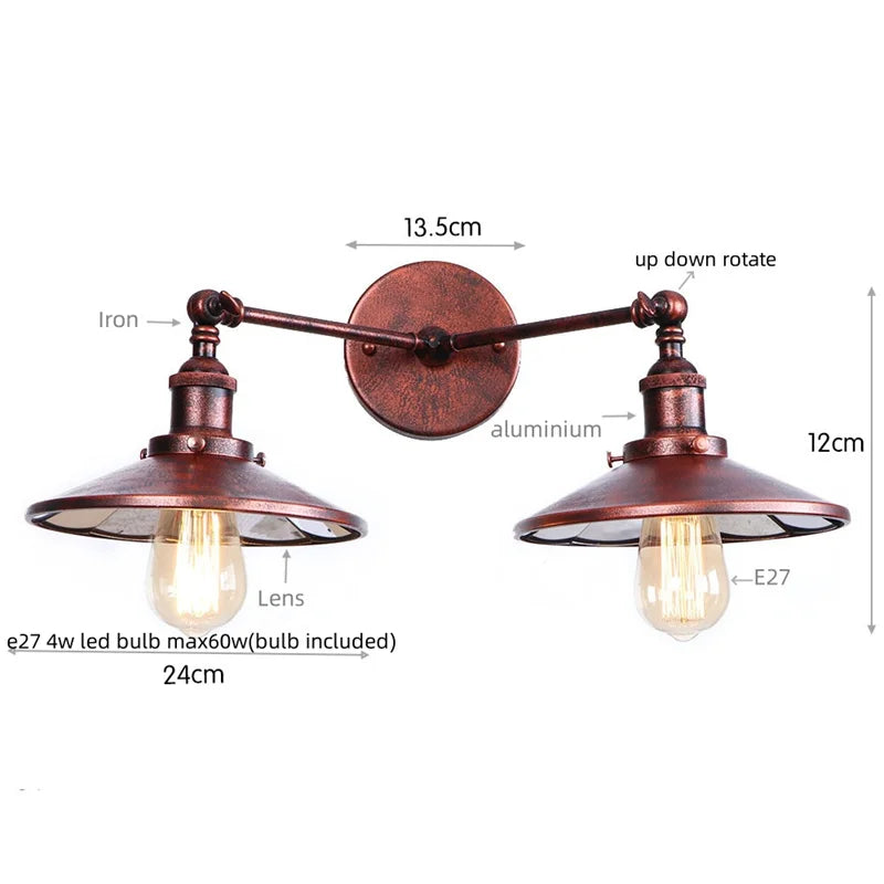 Helnys Dual LED Wall Light: Industrial Vintage Plug-In Lamp, Adjustable Loft Lighting