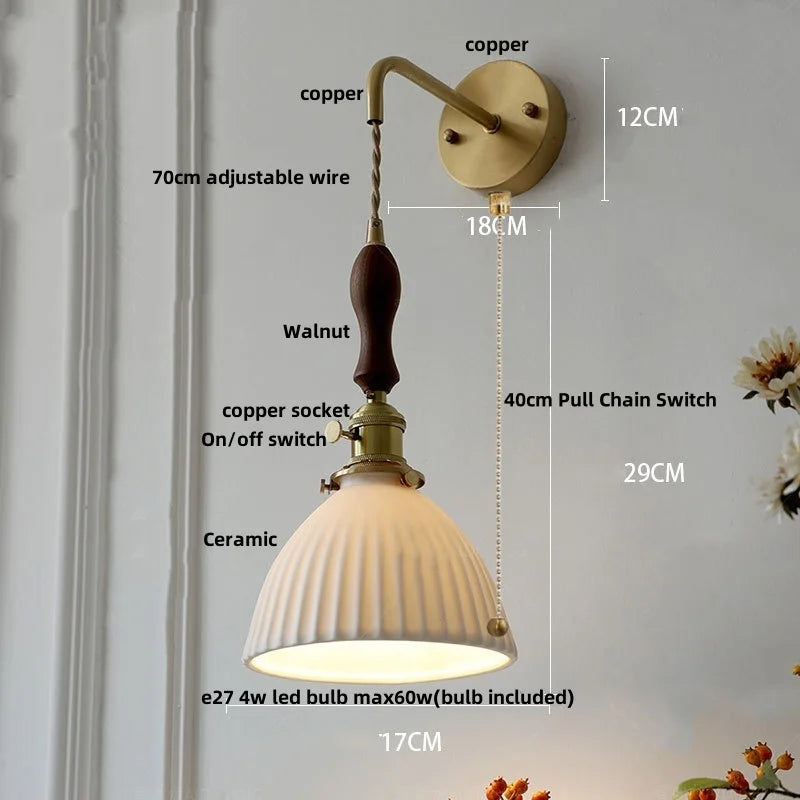 Helnys Walnut Wood LED Wall Sconce Modern Copper Pull Chain Switch Stair Light Fixtures