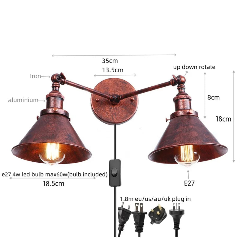Helnys Industrial Vintage 2-Head LED Wall Light Gold Iron Loft Lamparas De Pared