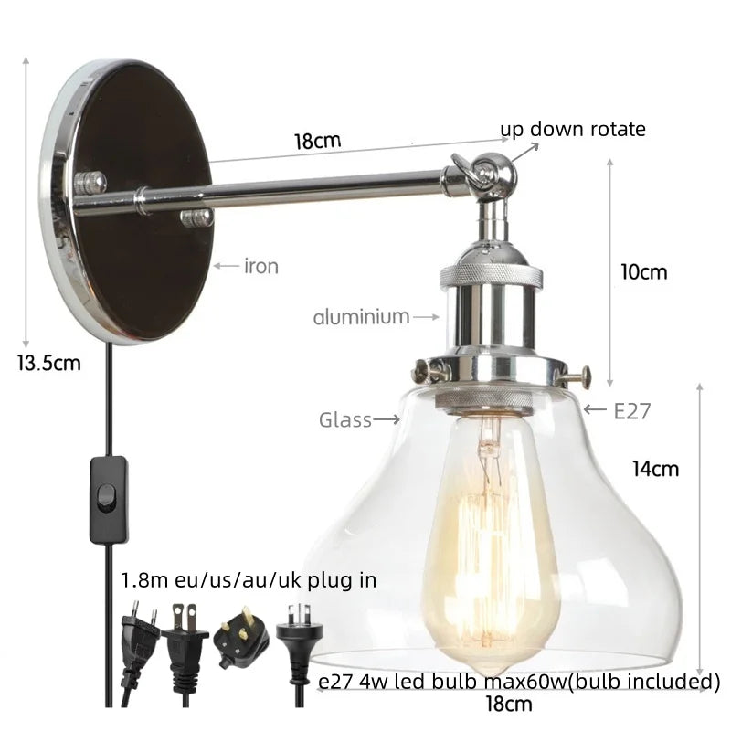 Helnys Industrial Iron LED Wall Lights with Pull Chain Switch