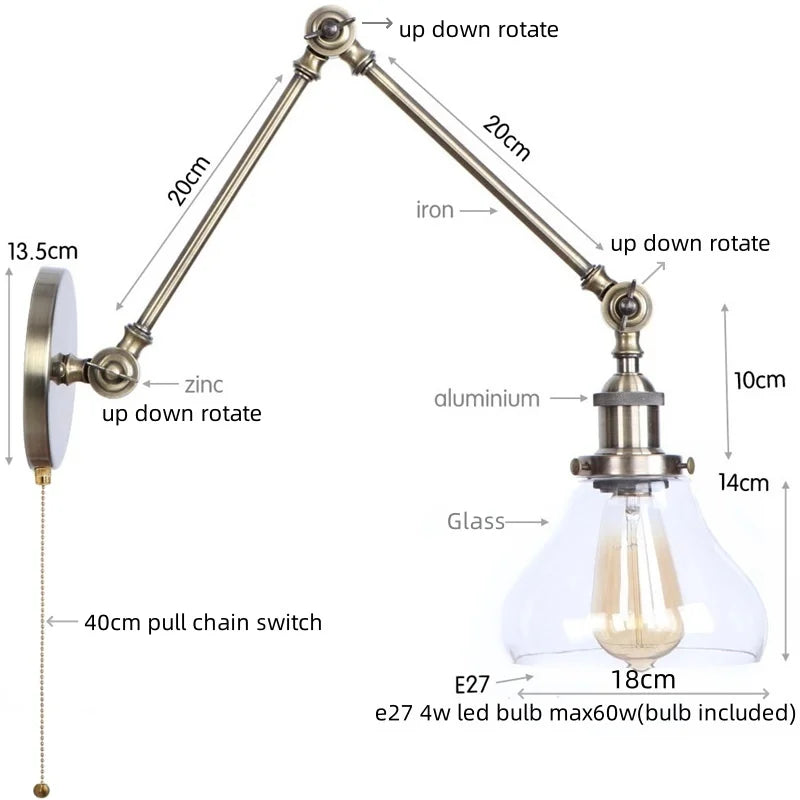 Helnys Vintage Clear Glass LED Wall Lamp with Pull Chain Switch