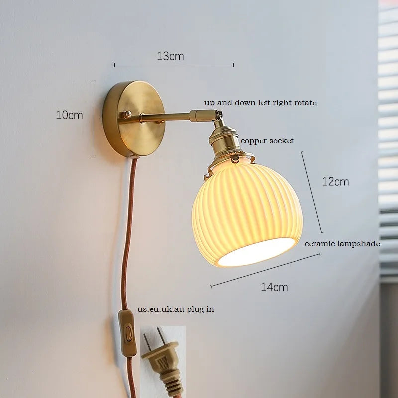 Helnys Nordic Ceramic LED Wall Sconce with Switch for Bedroom Living Room