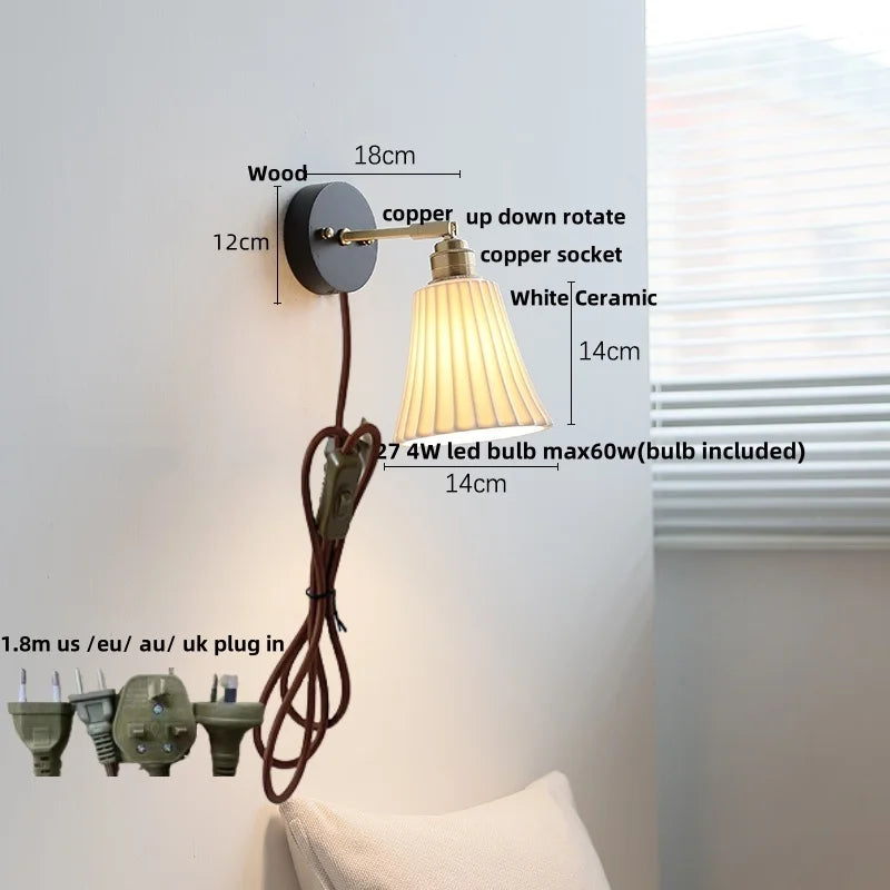 Helnys Ceramic LED Wall Lamp with Wood Canopy, Up Down Rotate, Pull Chain Switch