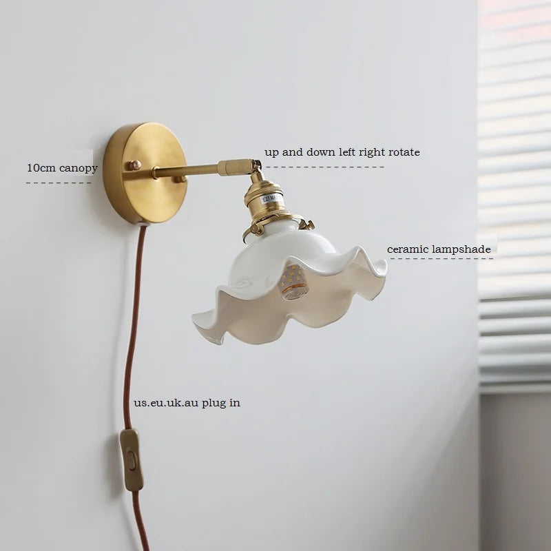 Helnys White Flower Ceramic Wall Lamp Sconce Plug In Switch Bedroom Stair Bathroom