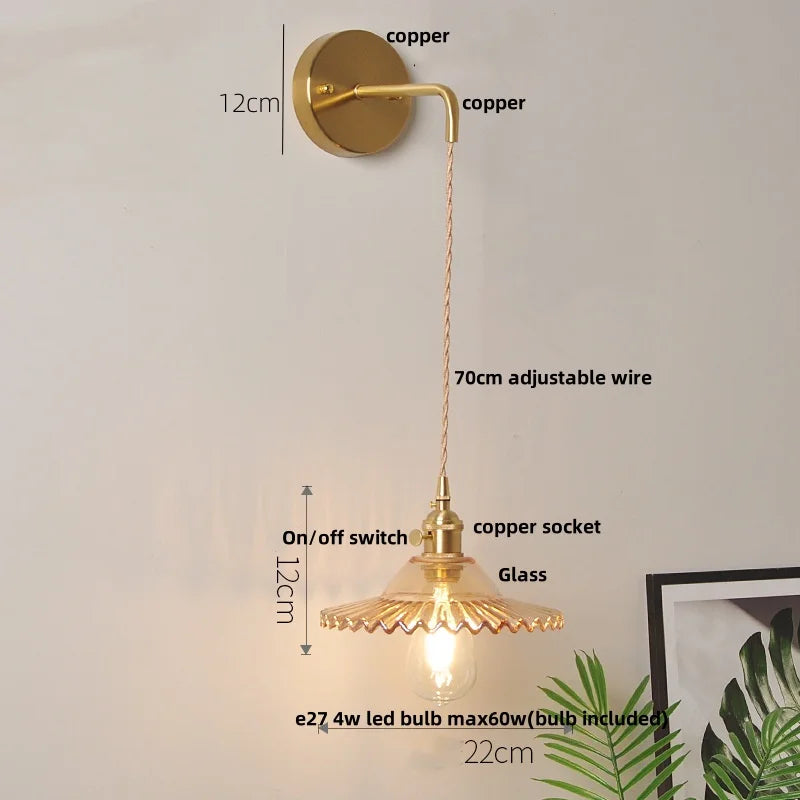 Helnys Glass LED Wall Light Fixture with Adjustable Wire, Pull Chain Switch, Vintage Design