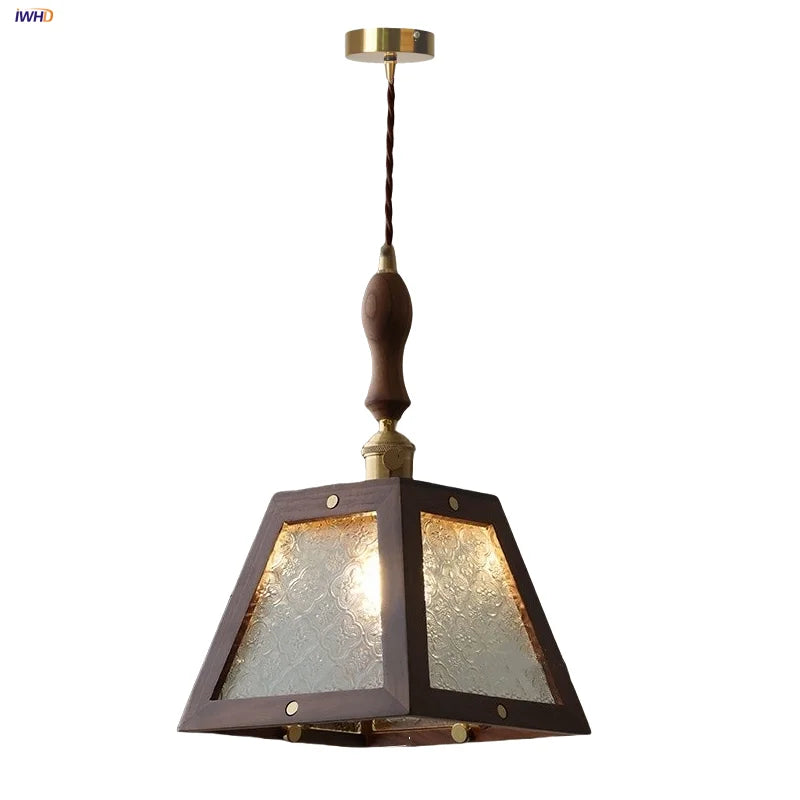 Helnys Retro Pendant Light with Walnut Wood LED Hanging Lamp and Adjustable Glass Wire